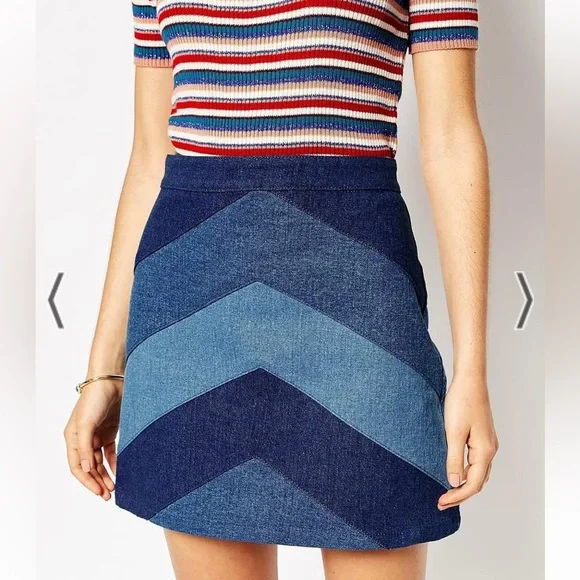 ASOS 100% Cotton Denim Blue Chevron Patchwork Mini Skirt - Picture 6 of 9